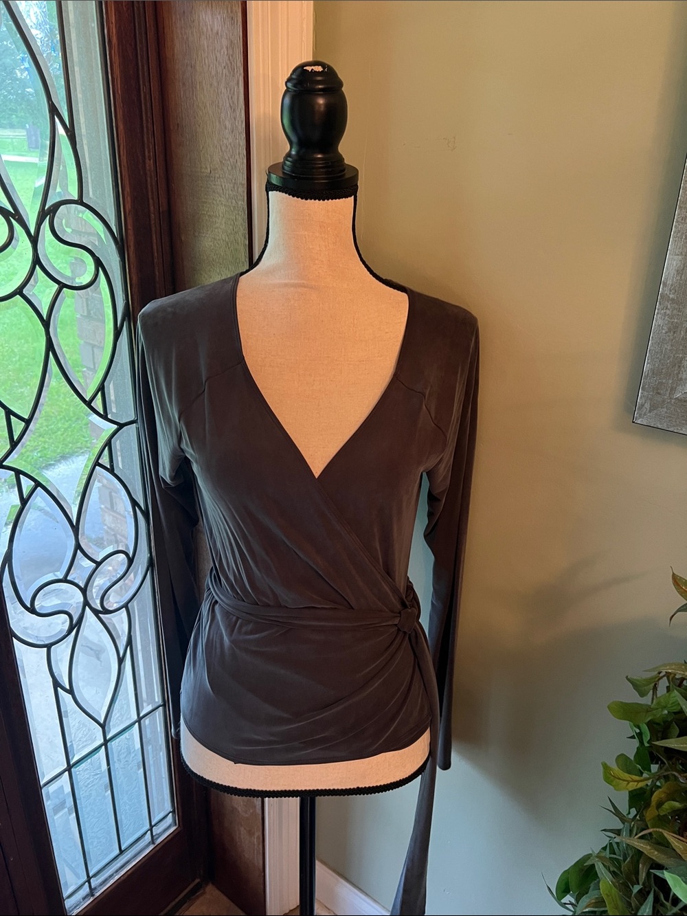 Wrap-Front V-Neck Long Sleeve Blouse in Dark Gray